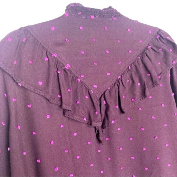 Loft Victorian Button Down Blouse With Ruffle Coquette sz L Plum Pink Polka Dot - Picture 5 of 9